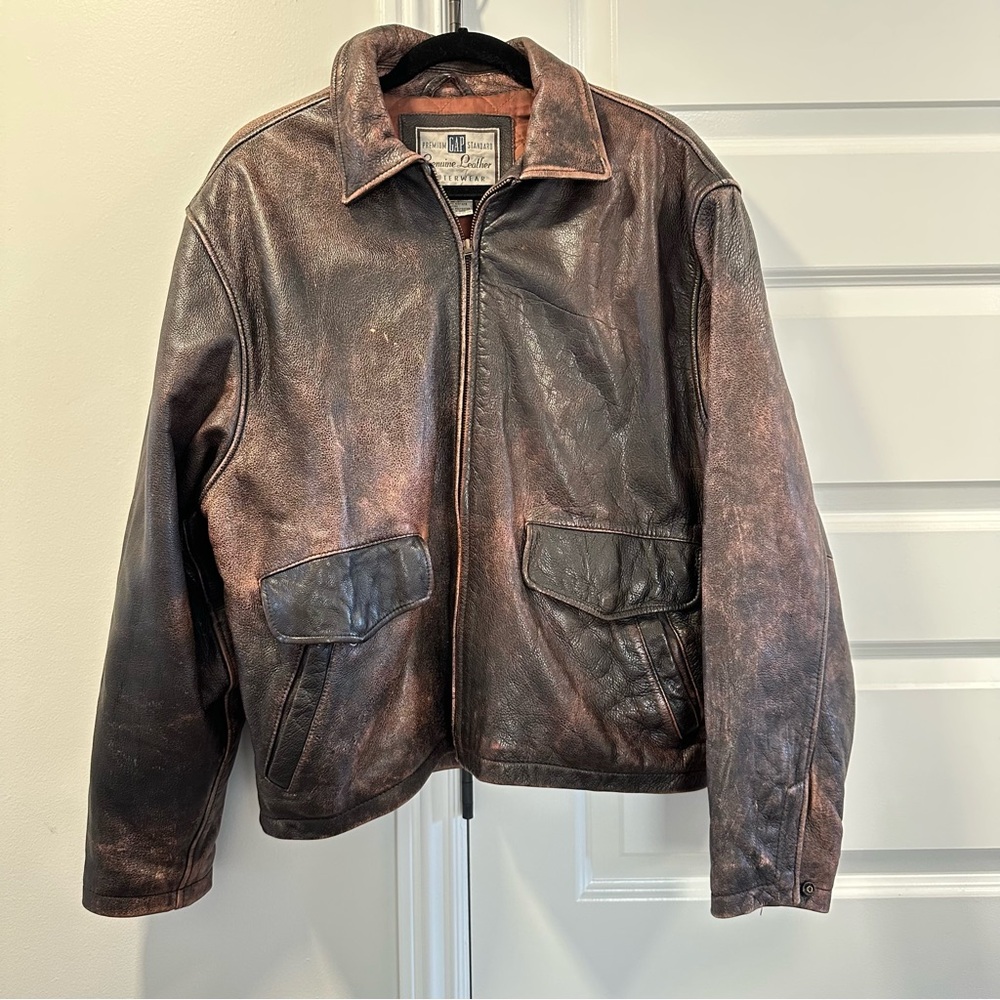 GAP Men's Distressed Brown Genuine Leather Jacket